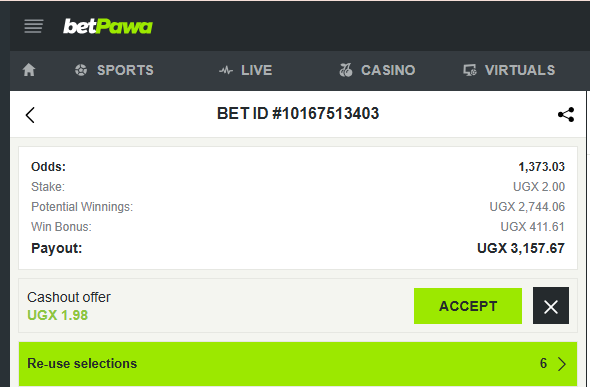 betPawa allows bettors to cash out their bets. 